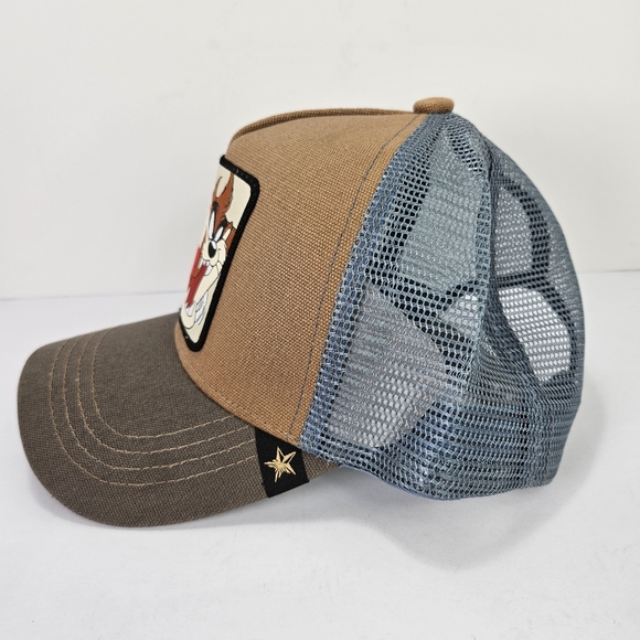 Taz Devil Logo Cartoon Gold Star Snapback Brown Front Gray Mesh Hat / Cap - Picture 3 of 9